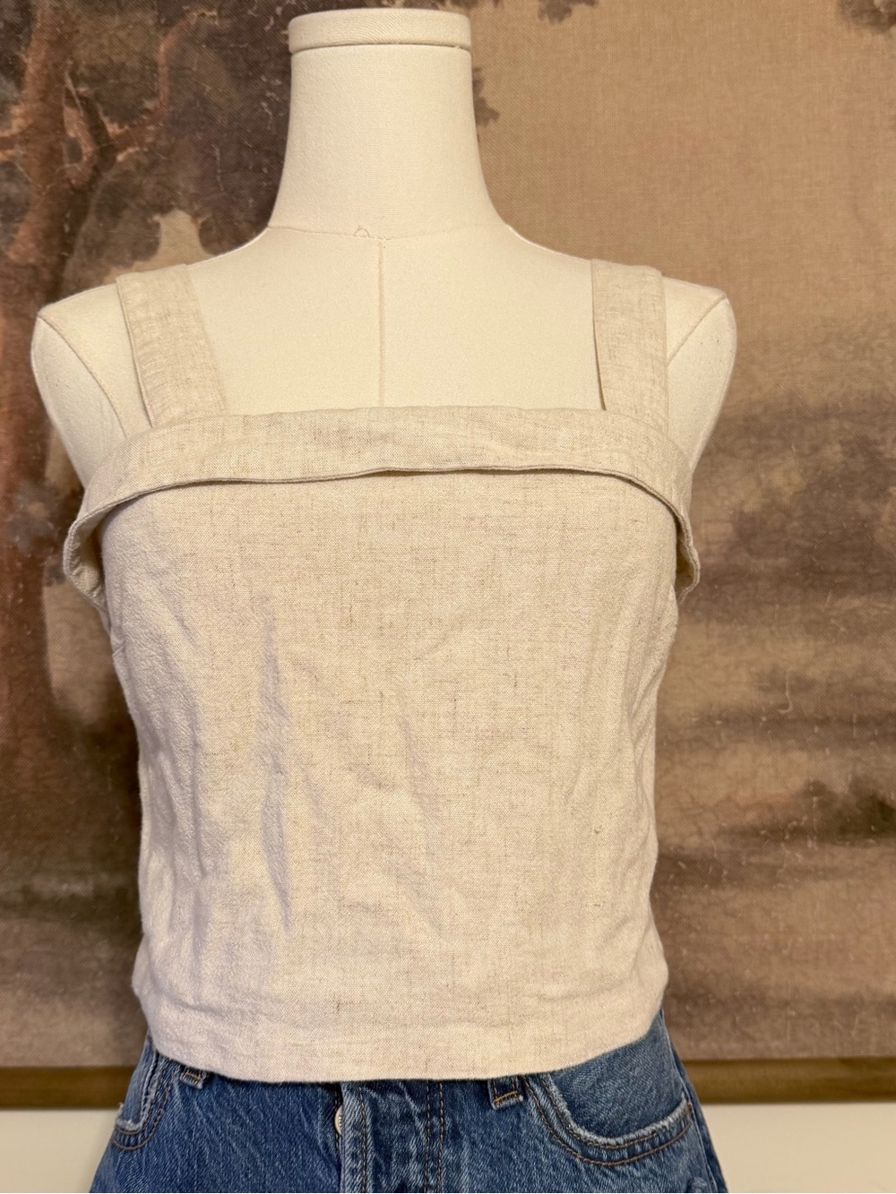 American Eagle Outfitters Natural Cream Square-Neck Linen Crop Tank